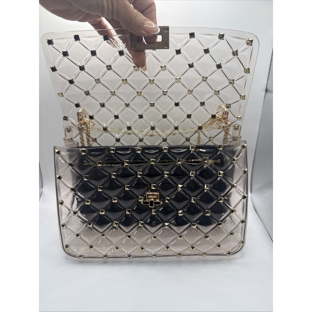 Clear Quilted Rockstud Shoulder Bag Gold Chain Strap PVC Transparent Black Pouch - Picture 8 of 9
